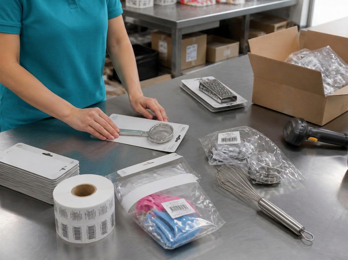 Artículos de bazar y menaje siendo emblistados, embolsados y etiquetados con código de barras