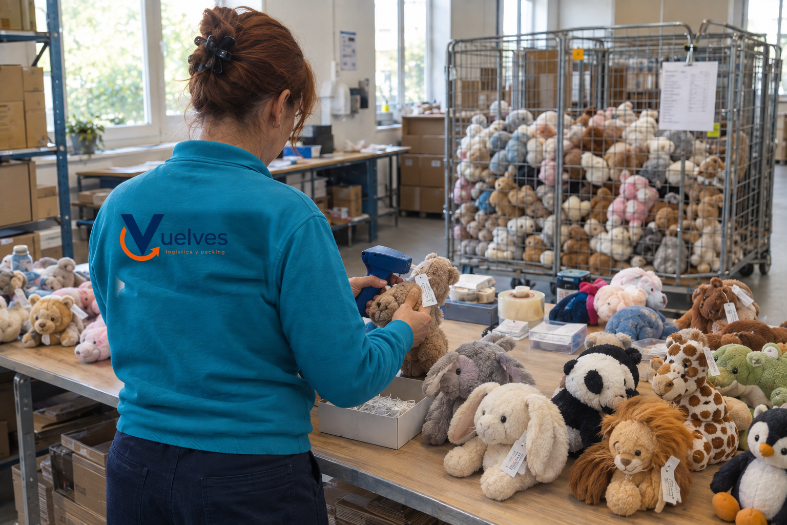 Operaria con polo corporativo colocando una etiqueta colgante en un peluche con naveteadora