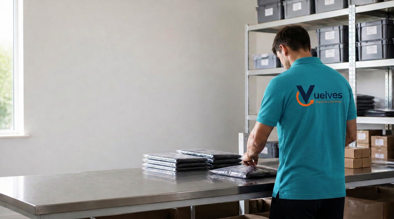 Operario de Vuelves doblando una prenda textil sobre una mesa de acero en el taller de manipulación