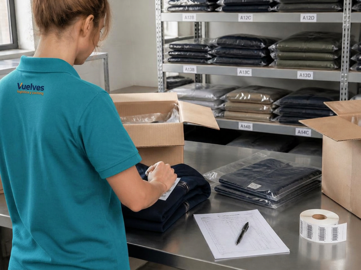Cajas de producto importado siendo revisadas, etiquetadas y embolsadas sobre una mesa de trabajo