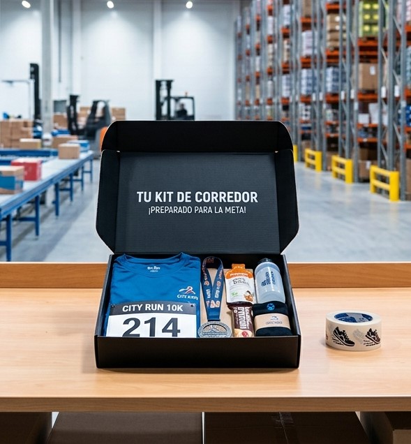 Kit de corredor en una caja abierta con camiseta, dorsal, medalla y accesorios